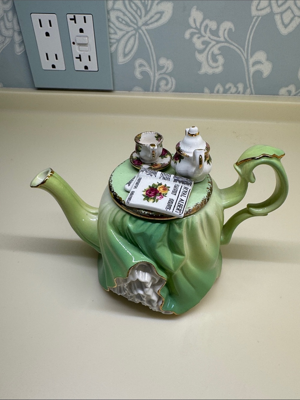 Royal Albert Green Porcelain Teapot with Mini Floral Tea Set and Gold Trim